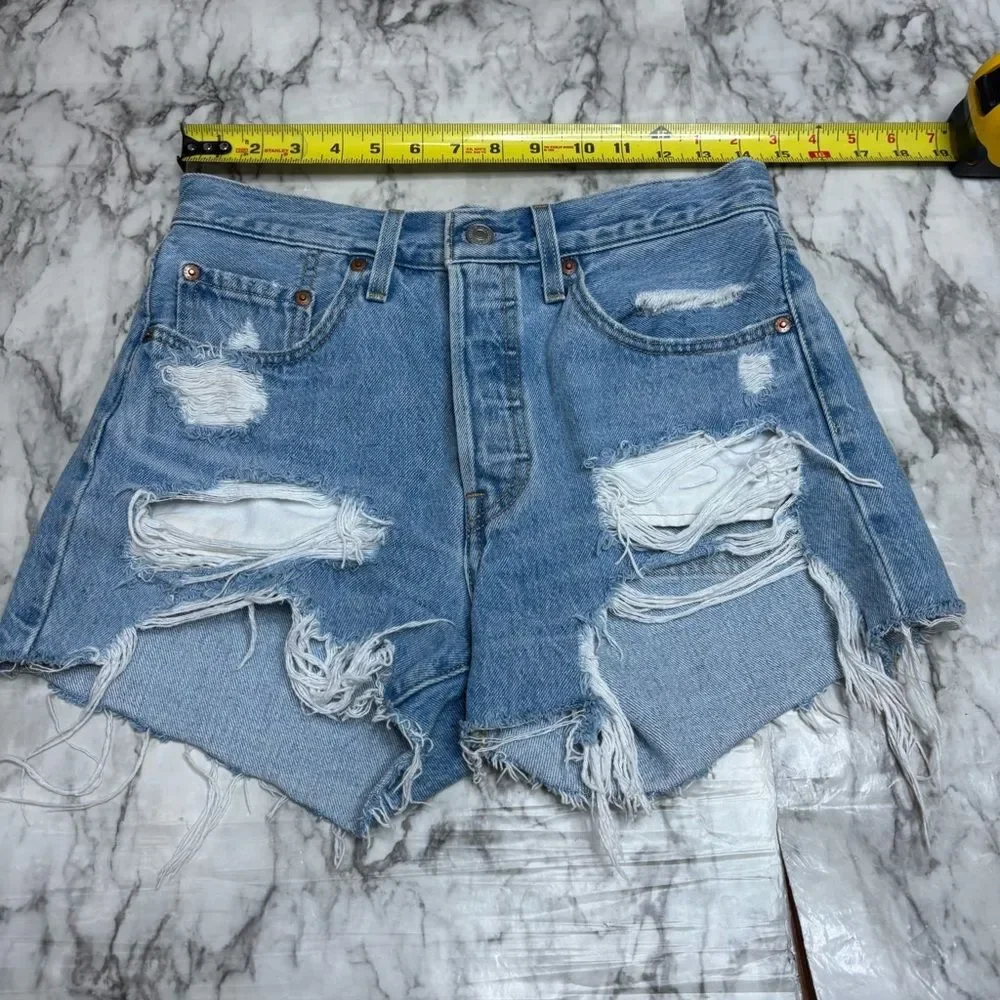 Levi’s button fly high rise vintage 90s Y2K distressed denim jean shorts size 27